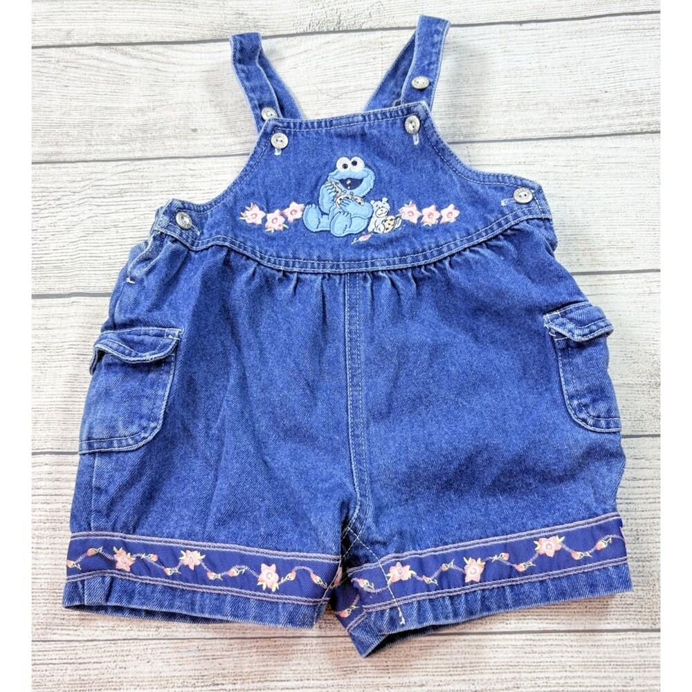 Vintage Sesame Street Cookie Monster Cotton Denim Shortalls Overall Size 12 Mo